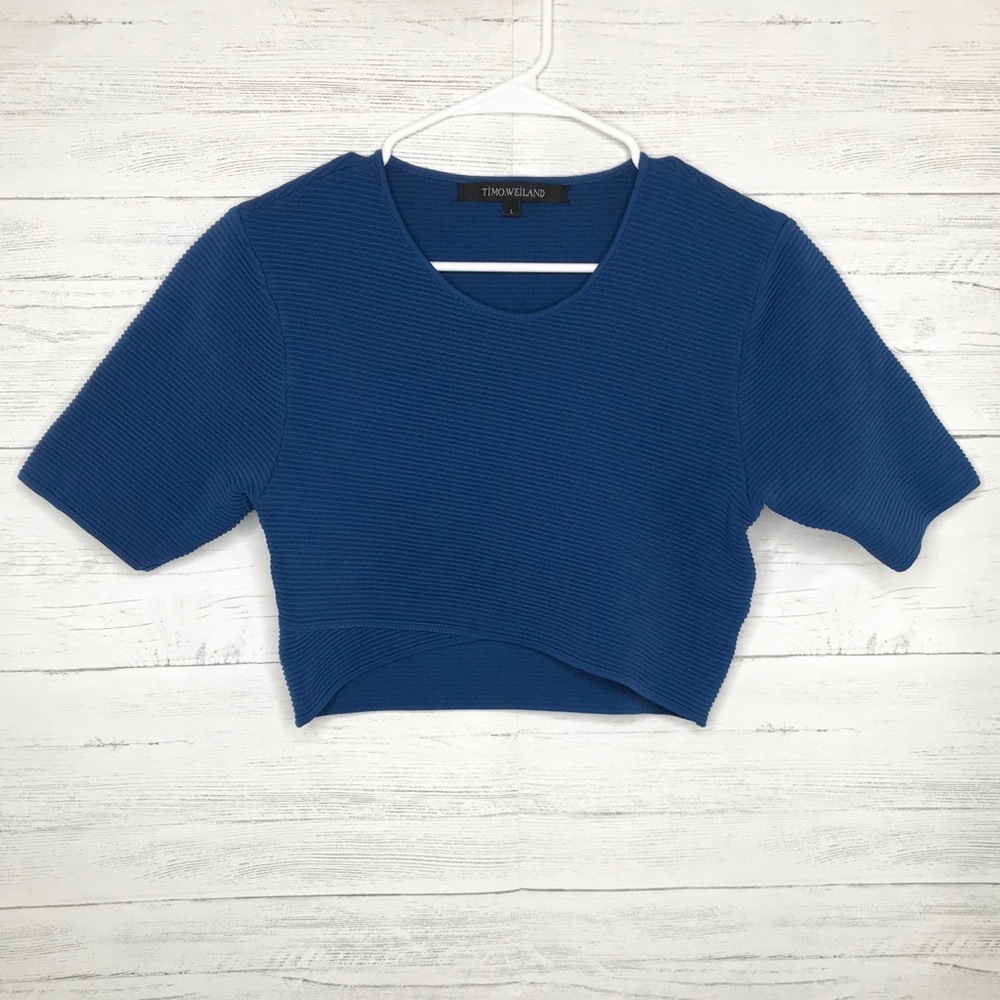 Timo Weiland Blue Ribbed Short Sleeve Crop Top